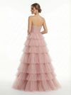 Stunning Strapless Pleated Tulle Tiered Ball Gown Classy Floor-Length Party Dress