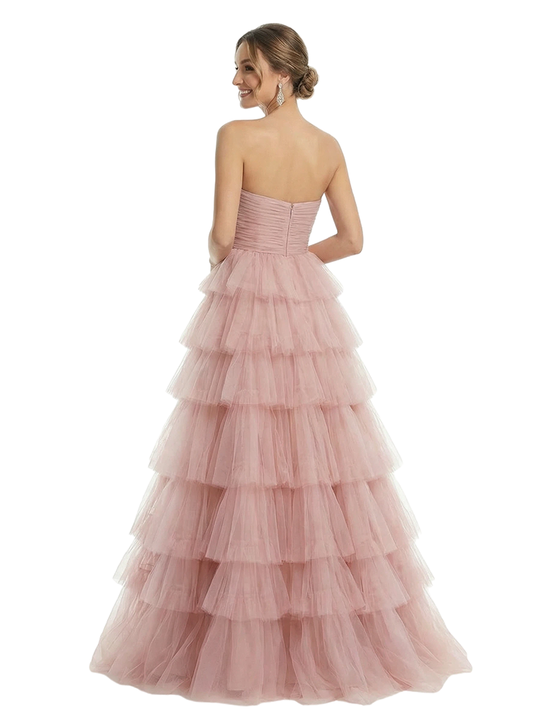 ChicSew Strapless Tiered Ruffle Tulle A-Line Maxi Long Evening Prom Dresses