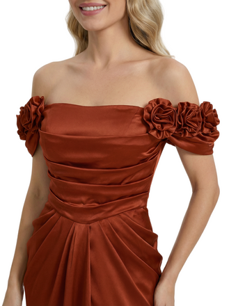 Fancy Floral Off The Shoulder Side Slit Silky Satin Ruched Evening Gown For Mother Of The Bride