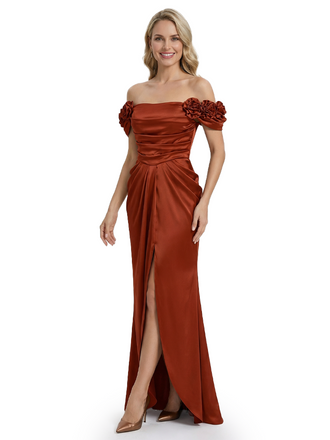 Fancy Floral Off The Shoulder Side Slit Silky Satin Ruched Evening Gown For Mother Of The Bride