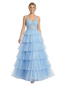 Fancy V-Neck Lace Tiered Tulle Ball Gown Romantic Sparkly Spaghetti Strap Prom Dress
