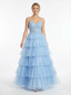 Fancy V-Neck Lace Tiered Tulle Ball Gown Romantic Sparkly Spaghetti Strap Prom Dress