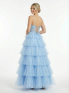 Fancy V-Neck Lace Tiered Tulle Ball Gown Romantic Sparkly Spaghetti Strap Prom Dress