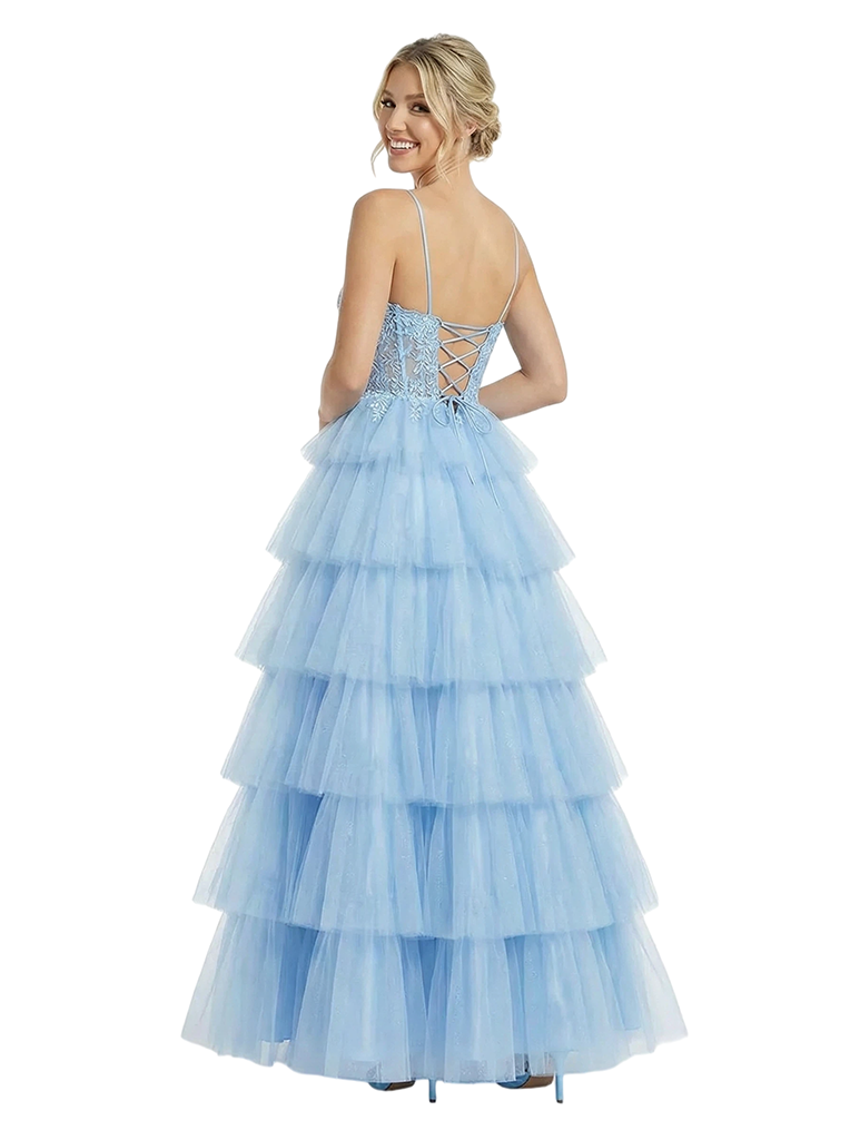 Fancy V-Neck Lace Tiered Tulle Ball Gown Romantic Sparkly Spaghetti Strap Prom Dress