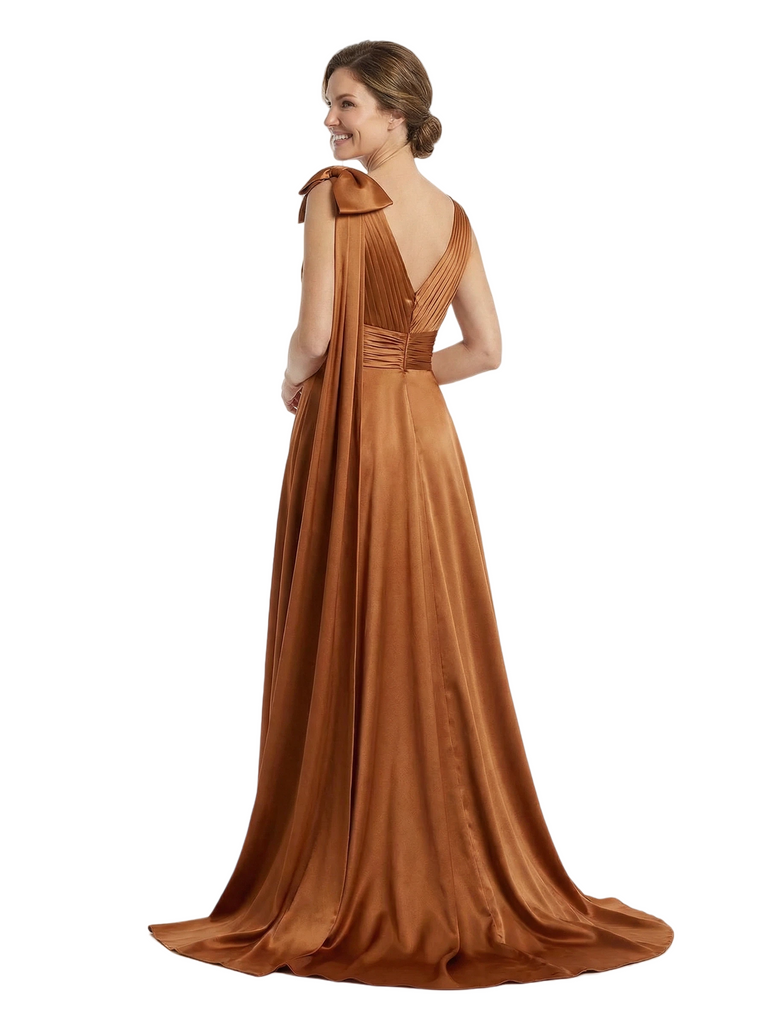 Beautiful V-Neck Ruched Bow Knot Silky Satin A-Line Mother Of The Groom Gown