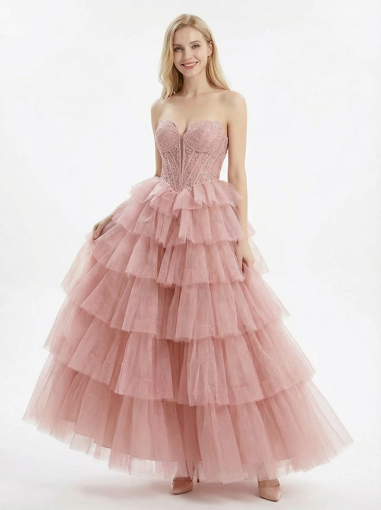 Unique Corset Lace Bodice Tiered Tulle Gown Beautiful Sweetheart Formal Evening Gown