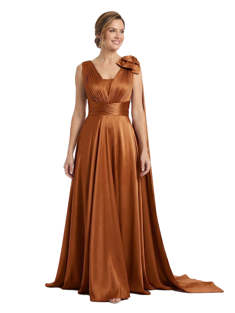 Beautiful V-Neck Ruched Bow Knot Silky Satin A-Line Mother Of The Groom Gown