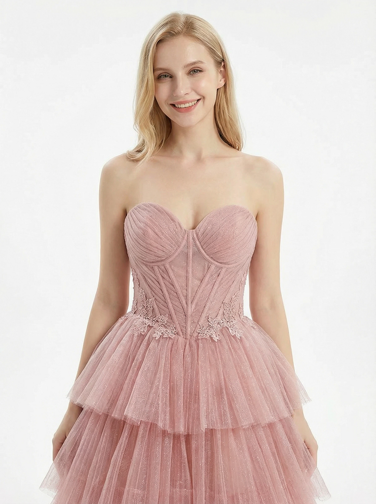 Unique Corset Lace Bodice Tiered Tulle Gown Beautiful Sweetheart Formal Evening Gown