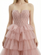 ChicSew Unique Lace Applique Tiered Ruffle A-Line Tulle Sweetheart Formal Evening Gown