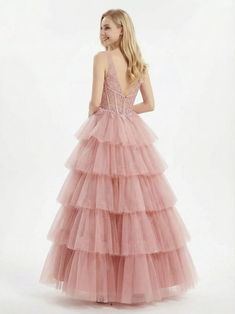 Unique Corset Lace Bodice Tiered Tulle Gown Beautiful Sweetheart Formal Evening Gown