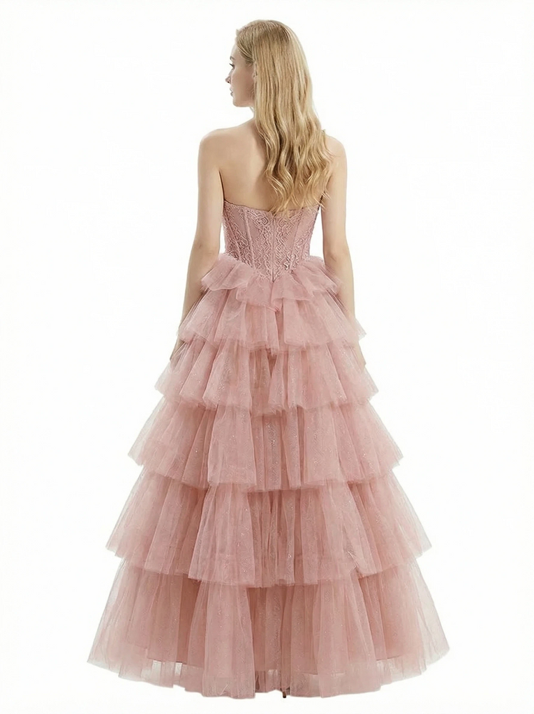 ChicSew Unique Lace Applique Tiered Ruffle A-Line Tulle Sweetheart Formal Evening Gown