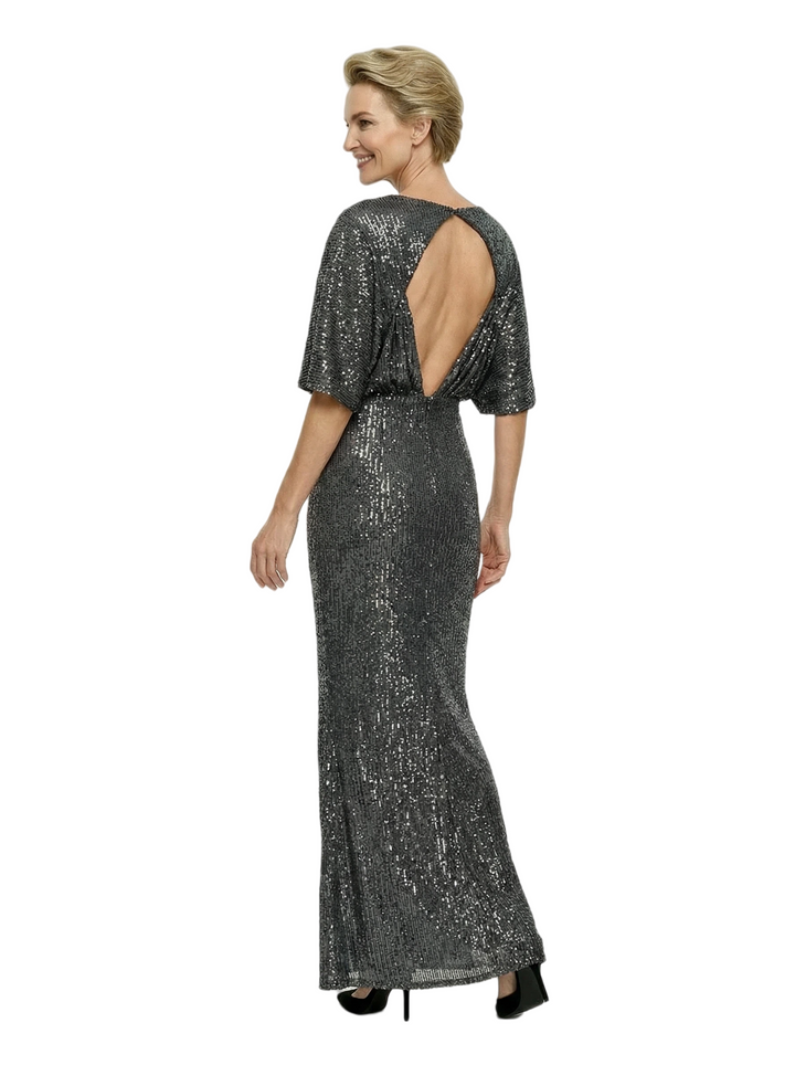 Glamorous V-Neck Sheath Glitter Jersey Mother Of The Bride Gown With Flutter Sleeves