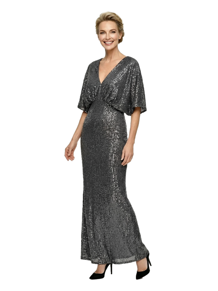 Glamorous V-Neck Sheath Glitter Jersey Mother Of The Bride Gown With Flutter Sleeves