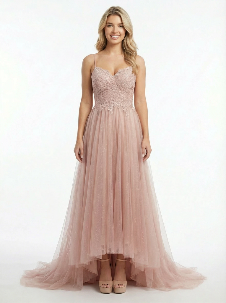 Pretty Lace Sweetheart High-Low Tulle Gown Elegant Sleeveless A-Line Prom Dress