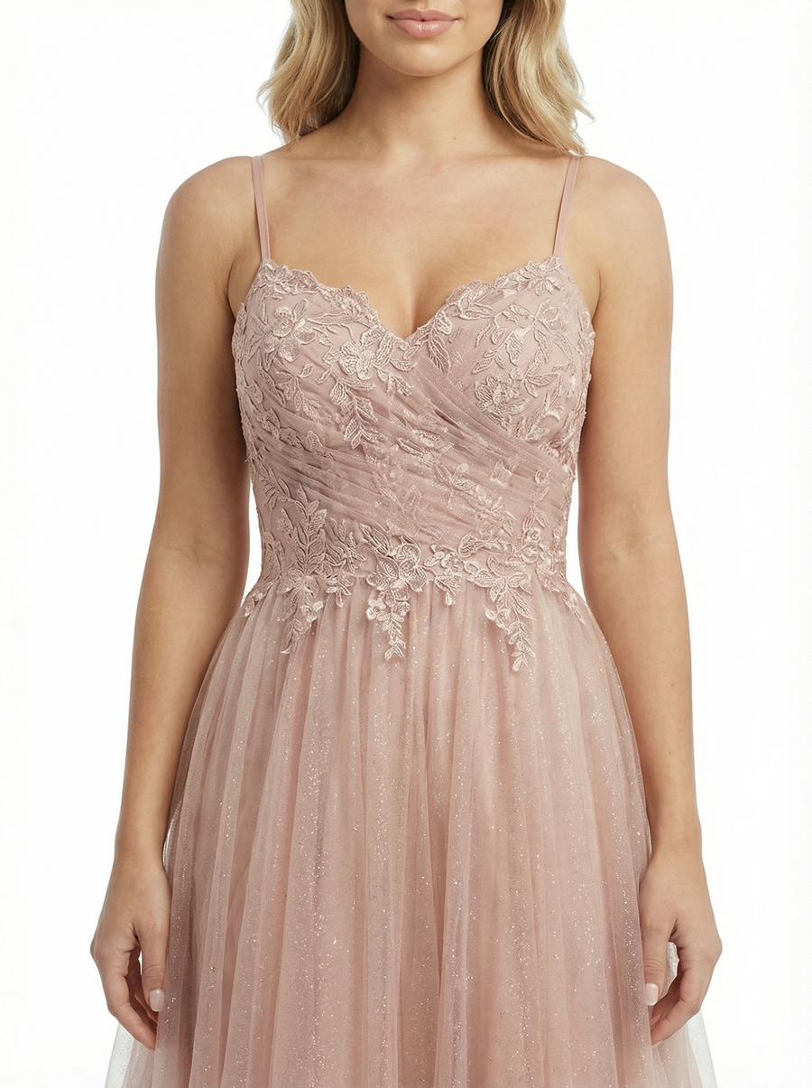 ChicSew Pretty Lace Applique Spaghetti Straps High-Low Tulle A-Line Prom Dresses