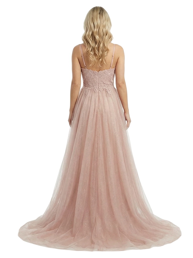 ChicSew Pretty Lace Applique Spaghetti Straps High-Low Tulle A-Line Prom Dresses