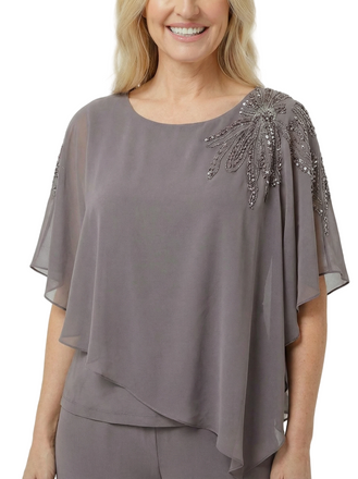 Chic Scoop Chiffon Half Sleeves Beaded Pant Suit For Mother Of The Groom