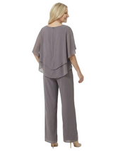 Chic Scoop Chiffon Half Sleeves Beaded Pant Suit For Mother Of The Groom
