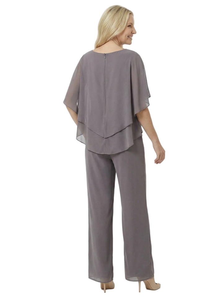 Chic Scoop Chiffon Half Sleeves Beaded Pant Suit For Mother Of The Groom