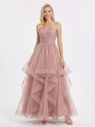 Elegant Tiered Tulle A-Line Gown Romantic Lace Sweetheart Neck Formal Dress