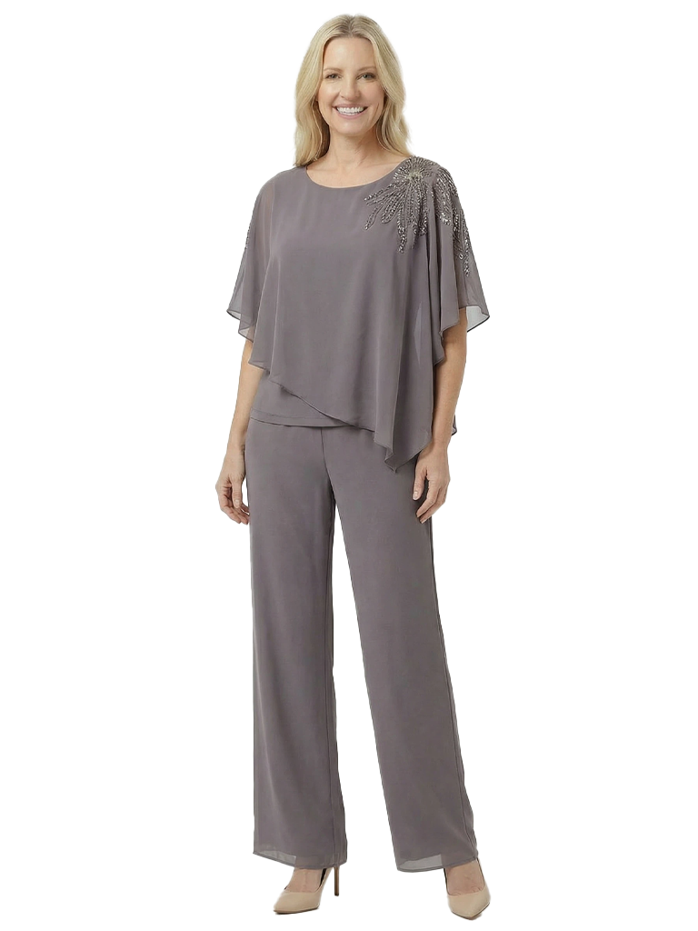 Chic Scoop Chiffon Half Sleeves Beaded Pant Suit For Mother Of The Groom