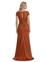 Modern Mother of The Bride Dress Classy Lace Short Sleeve Mermaid Long Satin Ruched Formal Gown