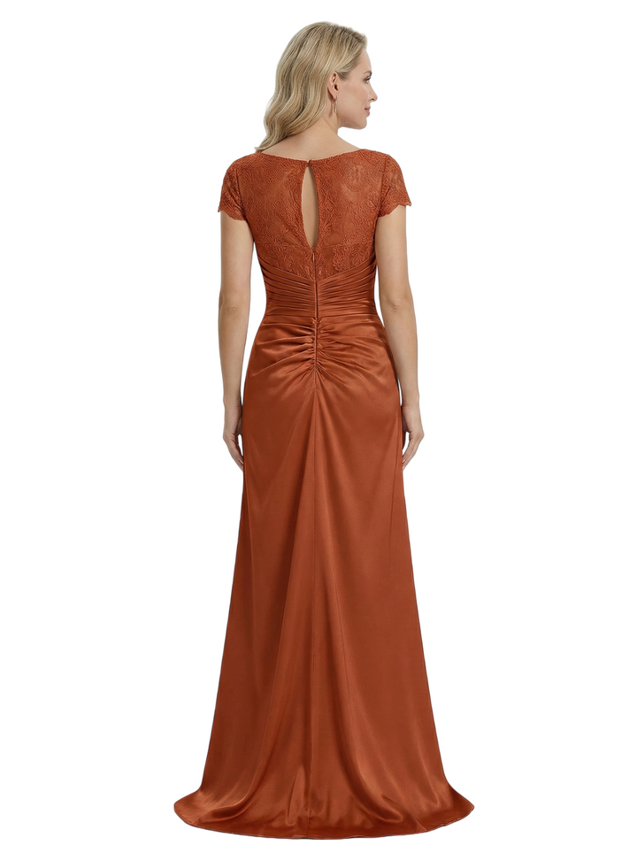 Modern Mother of The Bride Dress Classy Lace Short Sleeve Mermaid Long Satin Ruched Formal Gown