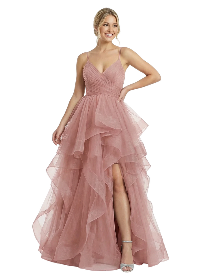 ChicSew Unique Spaghetti Straps Tulle Side Slit V-Neck Maxi Evening Ball Gown Prom Dresses