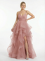 Unique Tiered Tulle Ball Gown With Criss-Cross V-Neck Bodice And High-Low Ruffle Dress