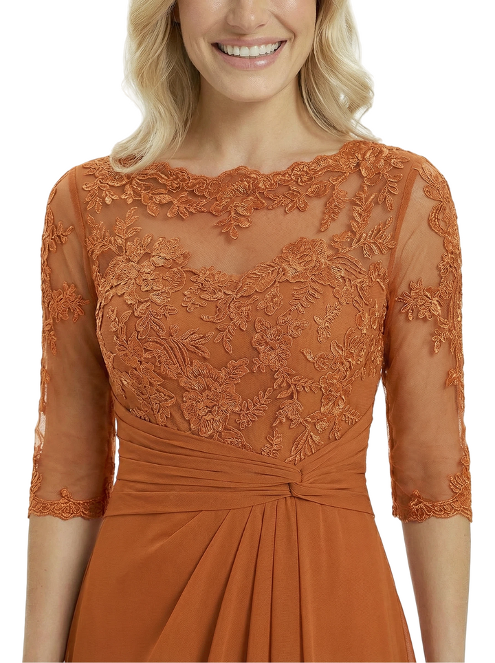 Unique Mother of The Groom Dress Beautiful Lace Long Sleeve A-Line Long Chiffon Ruched Evening Gown