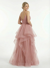 Unique Tiered Tulle Ball Gown With Criss-Cross V-Neck Bodice And High-Low Ruffle Dress