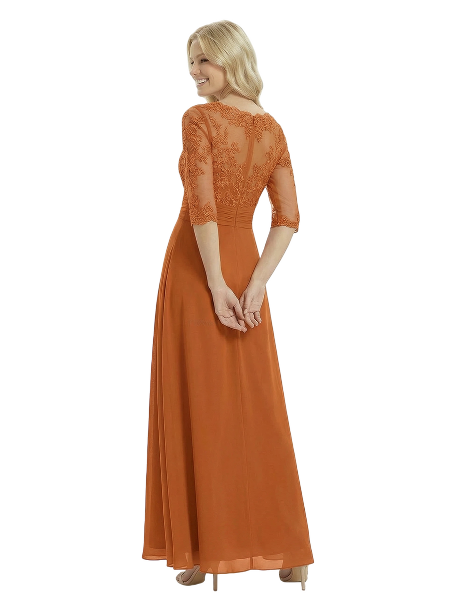 Unique Mother of The Groom Dress Beautiful Lace Long Sleeve A-Line Long Chiffon Ruched Evening Gown