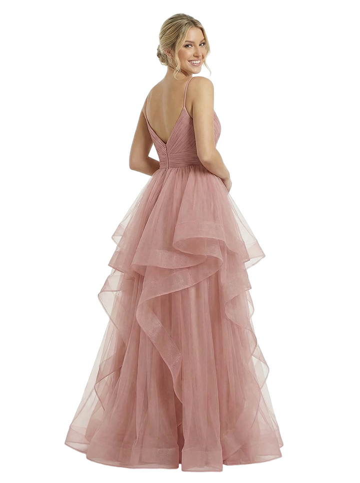 ChicSew Unique Spaghetti Straps Tulle Side Slit V-Neck Maxi Evening Ball Gown Prom Dresses
