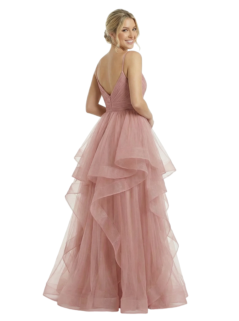 ChicSew Unique Spaghetti Straps Tulle Side Slit V-Neck Maxi Evening Ball Gown Prom Dresses