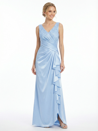 Classy V-Neck Lace Evening Dress With Ruched Satin Waist And Cascading Side Ruffles