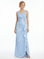 Classy V-Neck Lace Evening Dress With Ruched Satin Waist And Cascading Side Ruffles