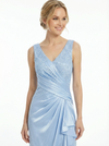 Classy V-Neck Lace Evening Dress With Ruched Satin Waist And Cascading Side Ruffles