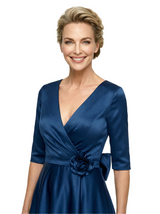 Classy Mother of The Bride Dress Fancy Satin Long Sleeve Fit-and-Flare Tea-Length Wrap Formal Dress