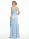 Classy V-Neck Lace Evening Dress With Ruched Satin Waist And Cascading Side Ruffles
