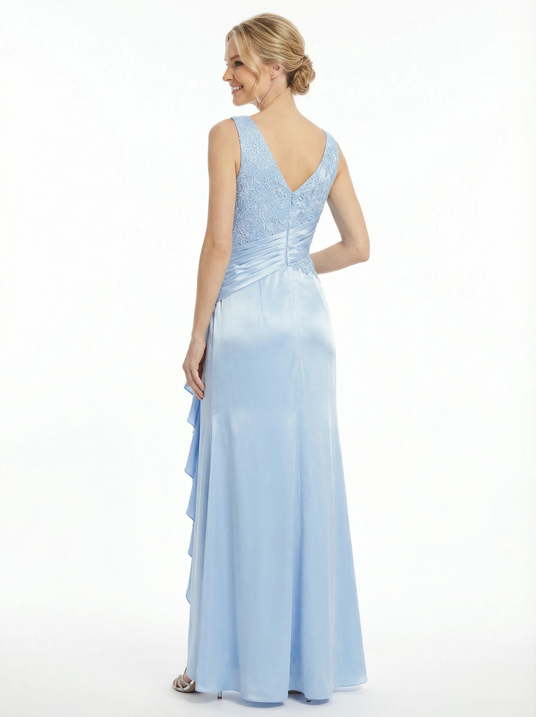 Classy V-Neck Lace Evening Dress With Ruched Satin Waist And Cascading Side Ruffles