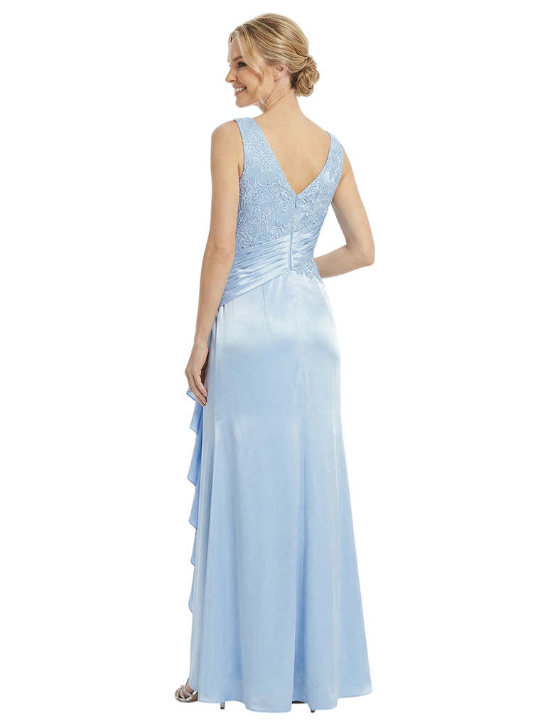 ChicSew Classy V-Neck Lace Applique Ruched Satin Ruffle Evening Dress