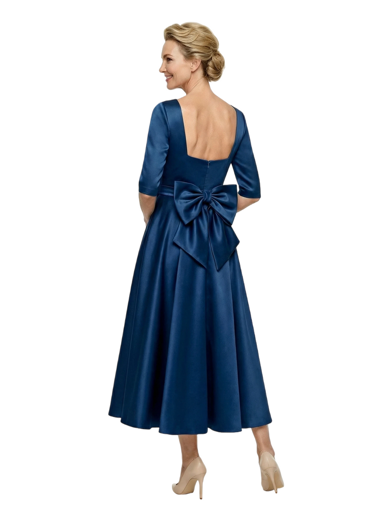 Classy Mother of The Bride Dress Fancy Satin Long Sleeve Fit-and-Flare Tea-Length Wrap Formal Dress