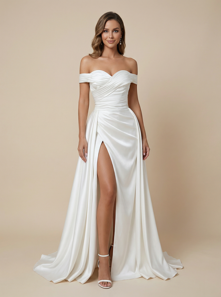 Mermaid Off Shoulder Side Slit Ruched Maxi Long Satin Wedding Dresses Online