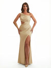 Trendy Ruched Satin Asymmetic Neckline Mermaid Long Formal Dresses Side Slit