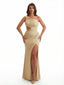 Trendy Ruched Satin Asymmetic Neckline Mermaid Long Formal Dresses Side Slit