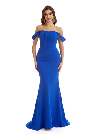 Elegant Mermaid Off Shoulder Stretchy Crepe Long Formal Bridesmaid Dresses