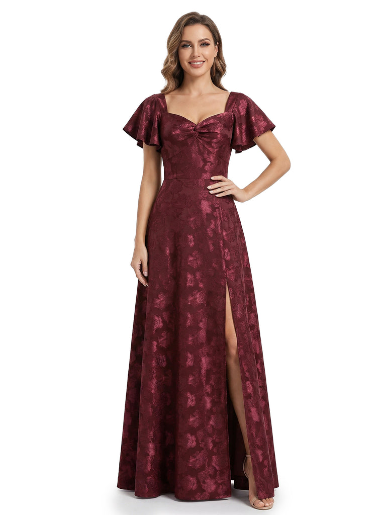 Beautiful V-Neck Floral Burnout Chiffon Flutter Sleeves A-Line Side Slit Floor-Length Formal Evening Dresses