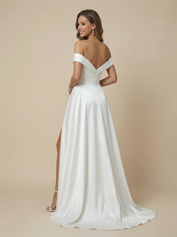 Mermaid Off Shoulder Side Slit Ruched Maxi Long Satin Wedding Dresses Online