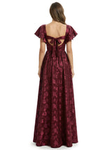 Beautiful V-Neck Floral Burnout Chiffon Flutter Sleeves A-Line Side Slit Floor-Length Formal Evening Dresses