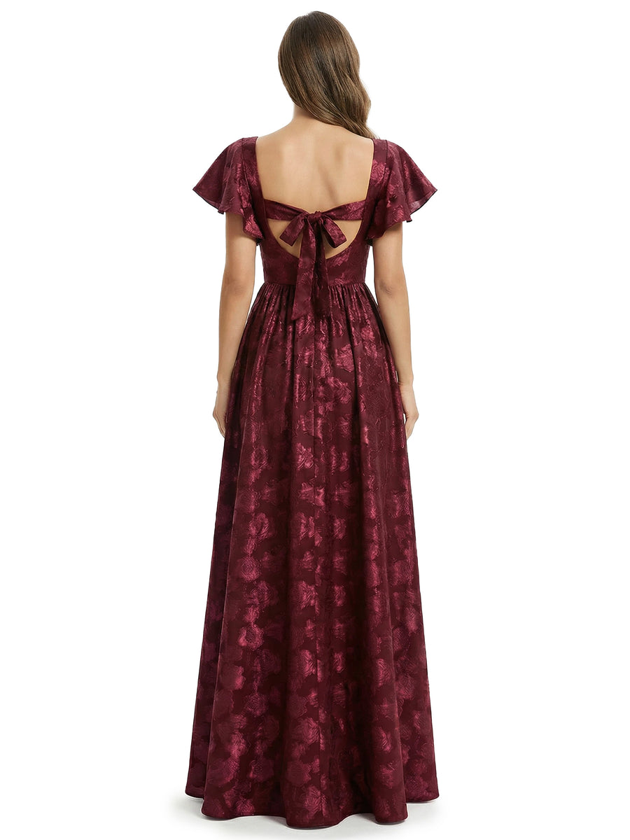 Beautiful V-Neck Floral Burnout Chiffon Flutter Sleeves A-Line Side Slit Floor-Length Formal Evening Dresses